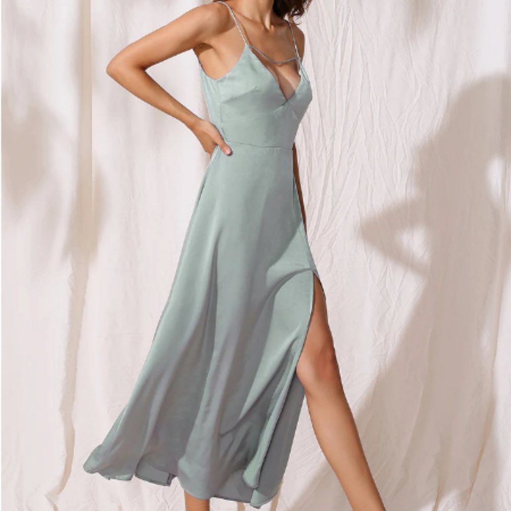 Sage Deep V Neck Satin Maxi Dress